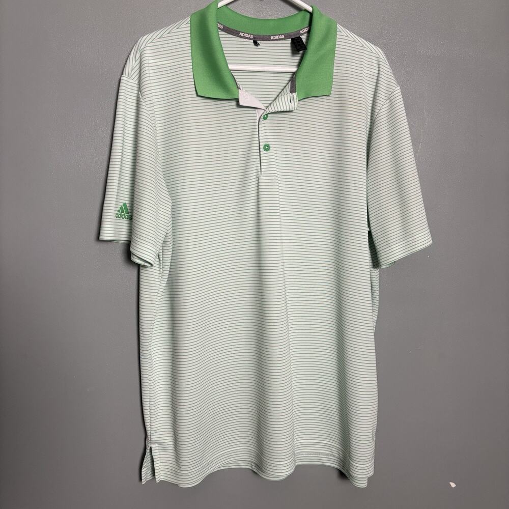 adidas Men’s Green Striped White Golf Shirt Collar Polo Work XL Extra Large